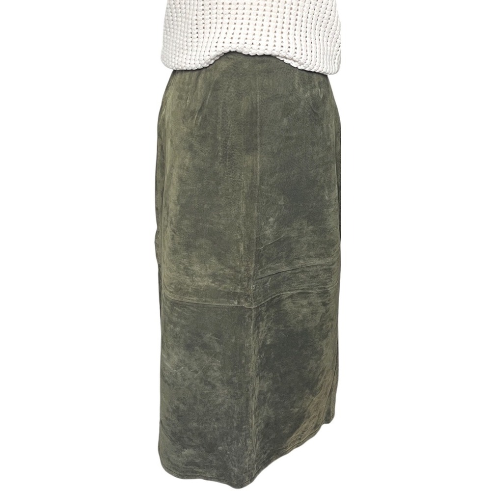 Coldwater Creek Olive Green Suede Maxi Skirt Leather Back Slit Size S 28W